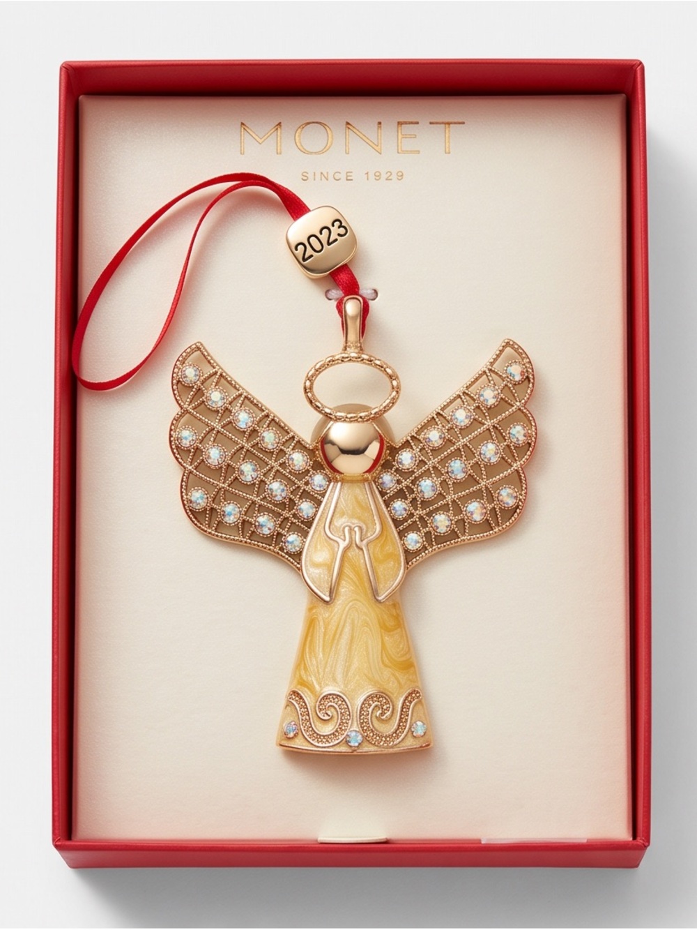 Monet Gold and Yellow Angel Ornament with Red Ribbon Tag